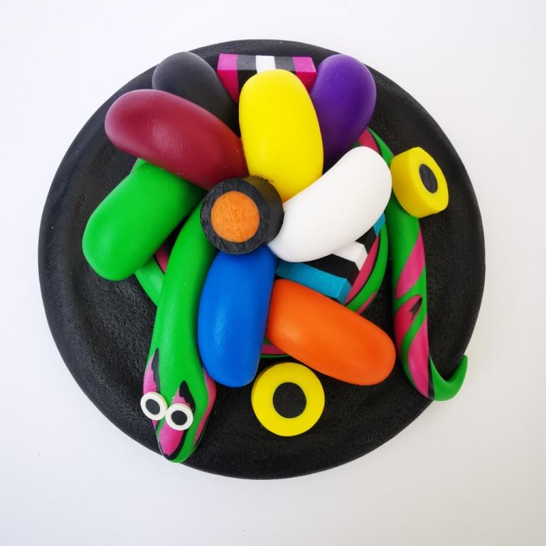 Extra-large glass treat jar hand-decorated in New Zealand, with an air-tight lid decorated with colourful polymer clay licorice allsorts, jelly beans and a green snake. Perfect for the whole family or as a gift for Nana or Granddad.