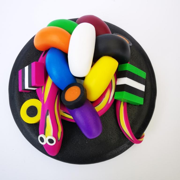 Extra-large glass treat jar hand-decorated in New Zealand, with an air-tight lid decorated with colourful polymer clay licorice allsorts, jelly beans and a pink snake. Perfect for the whole family or as a gift for Nana or Granddad.