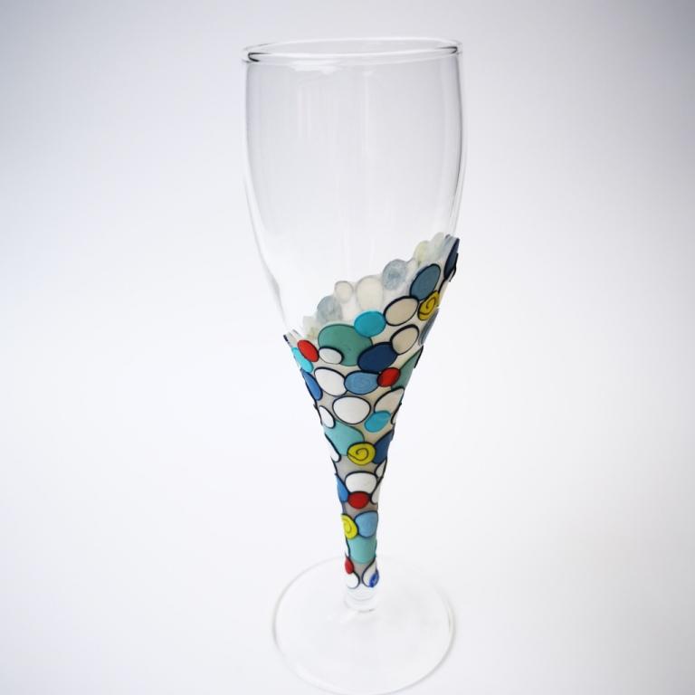 Champagne flute wine glass hand-decorated in New Zealand,  with a  polymer clay veneer of funky, retro spots for a gift, wedding or special birthday.